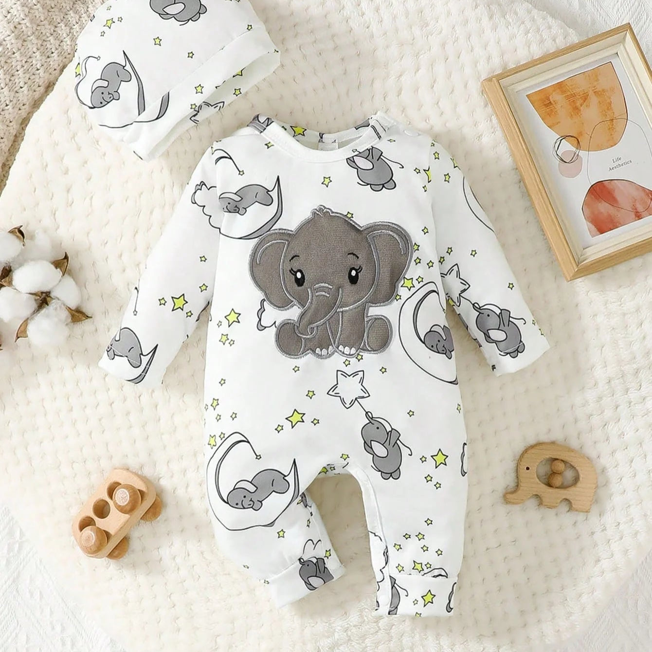 Elephant Pattern Embroidery Long Sleeve Romper With Hat