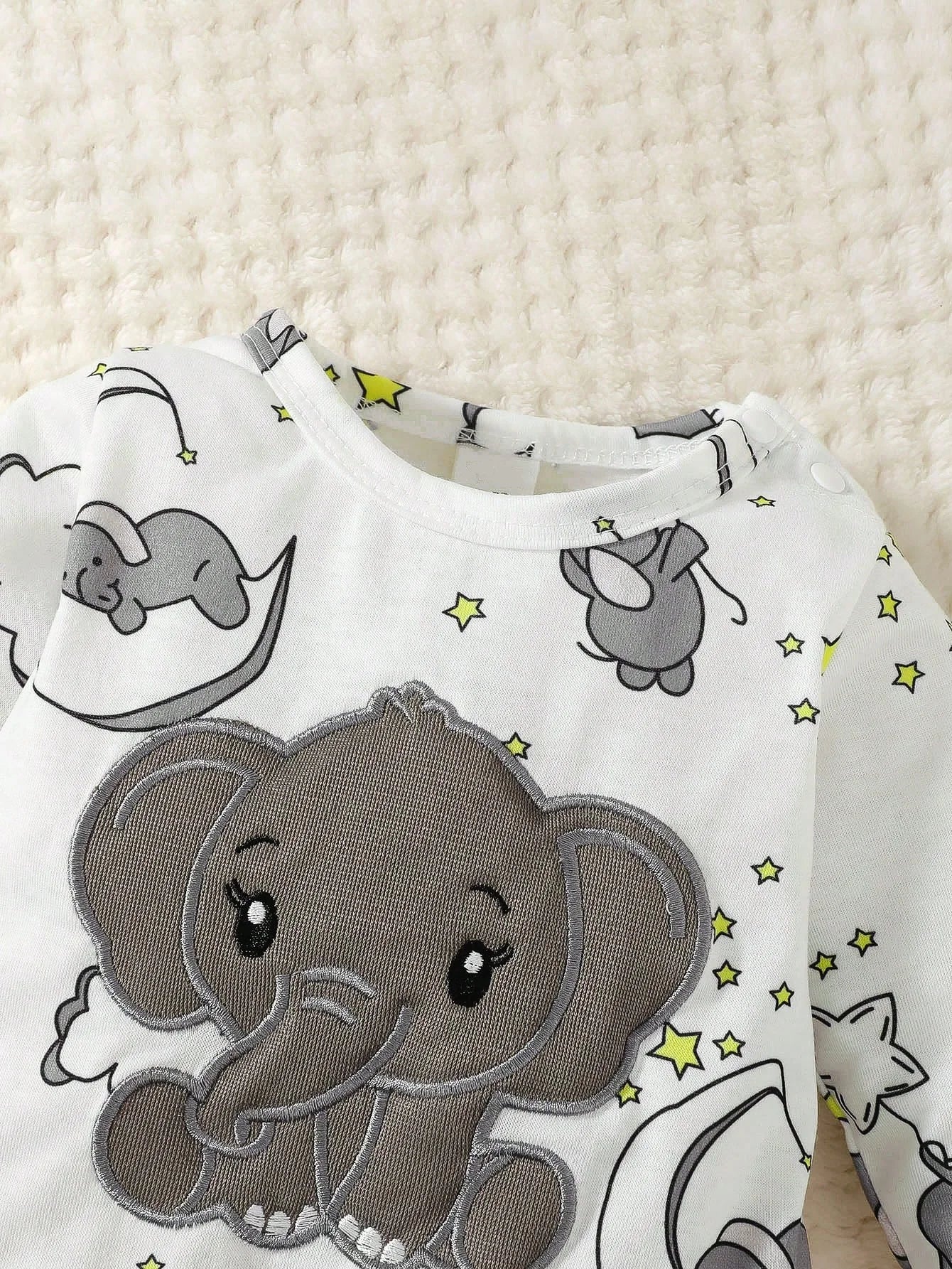 Elephant Pattern Embroidery Long Sleeve Romper With Hat